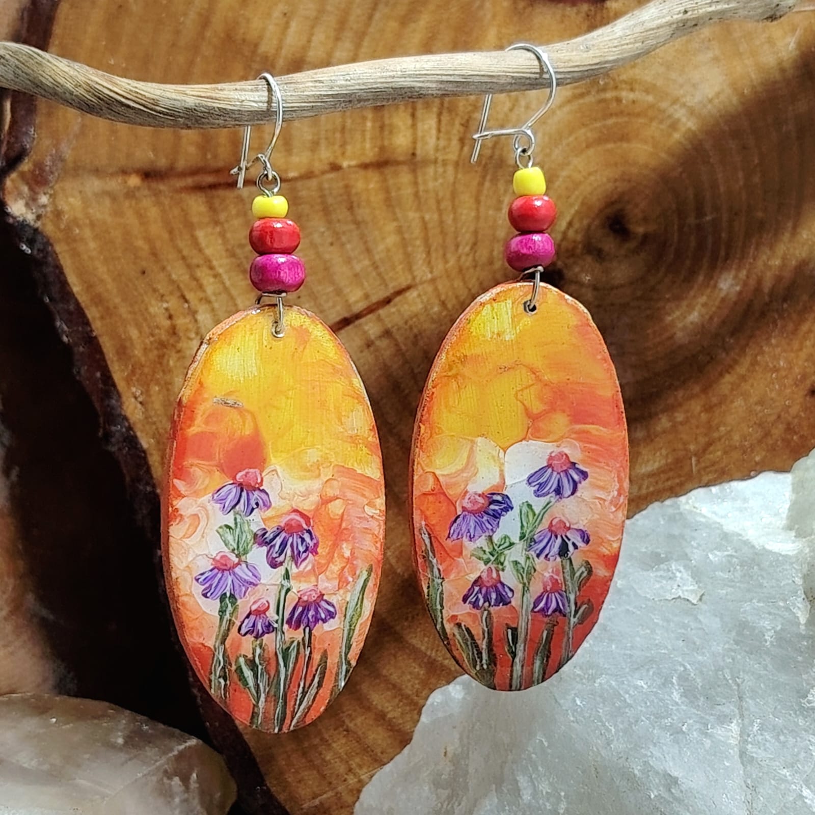 Aros artesanales con gancho de plata esencia floral