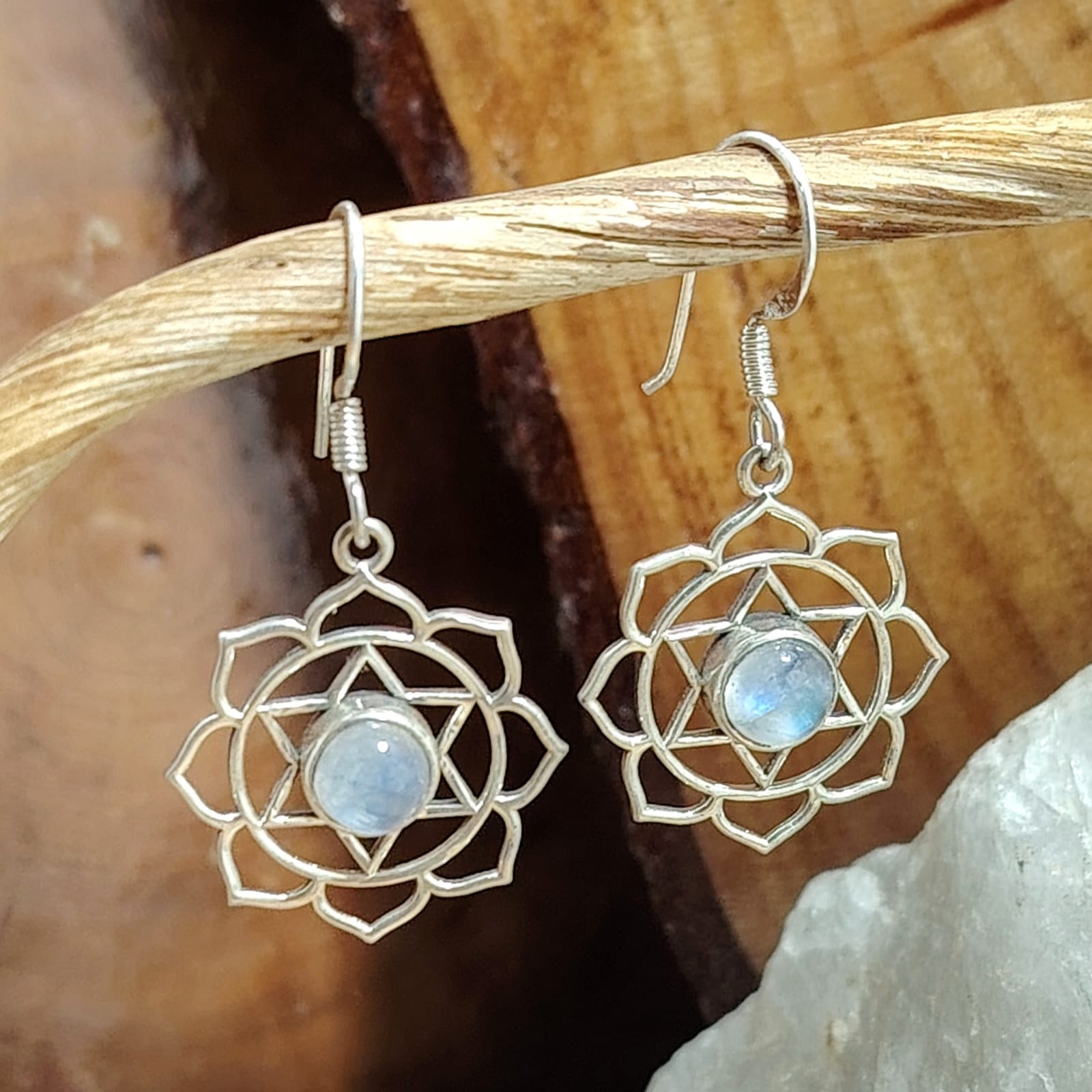 Aros largos mandala con piedra natural labradorita