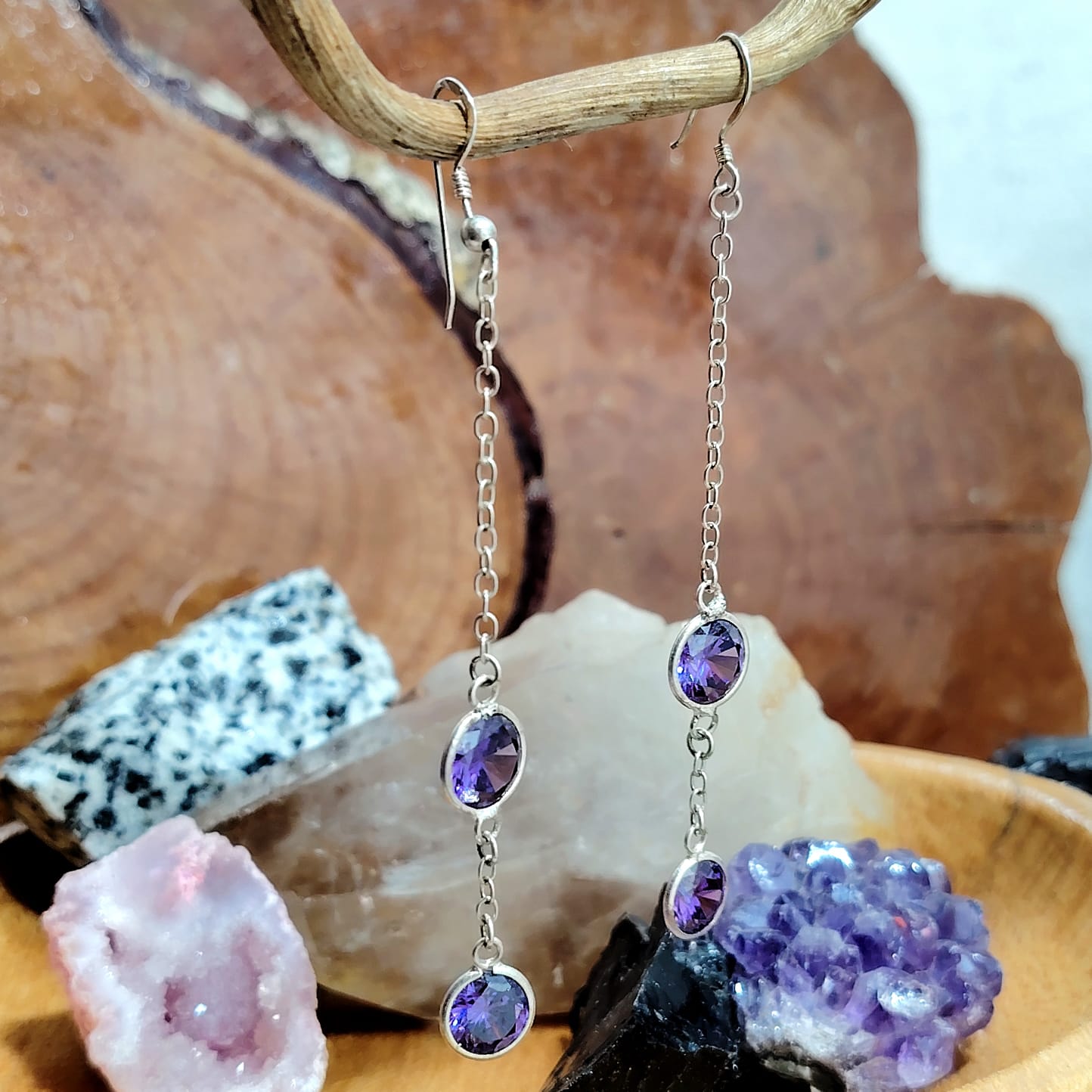 Aros largos con cristal doble amatista