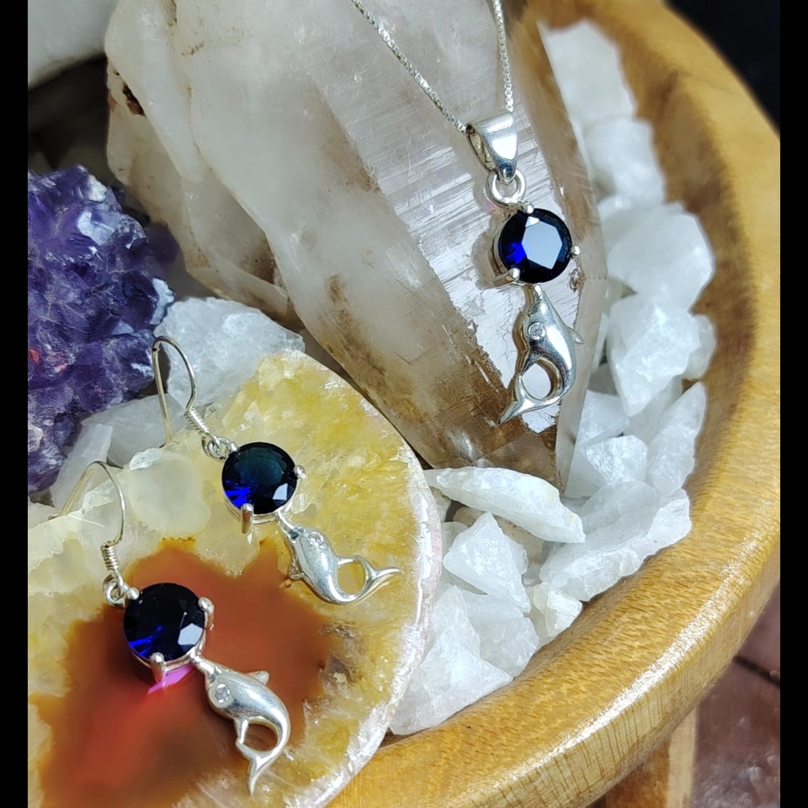 Conjunto de plata delfines con circón  azul