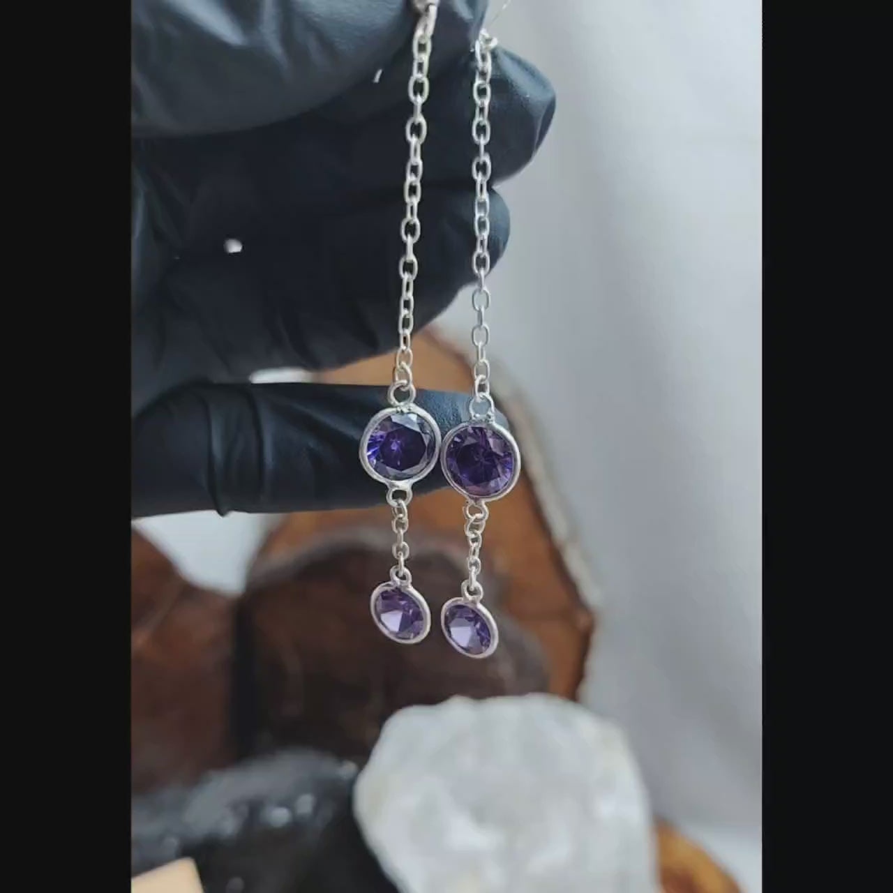 Aros largos con cristal doble amatista