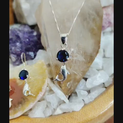 Conjunto de plata delfines con circón  azul
