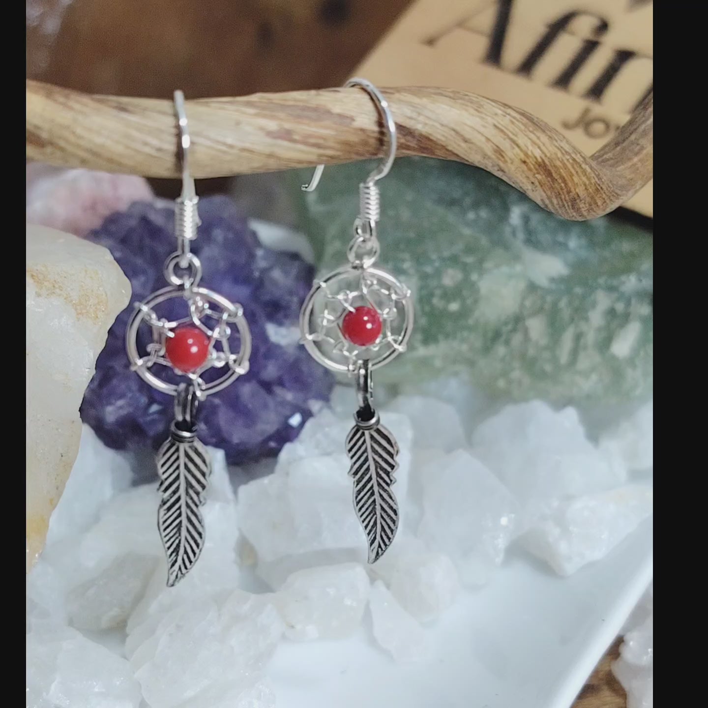 Aros largos de plata atrapasueños con piedra natural