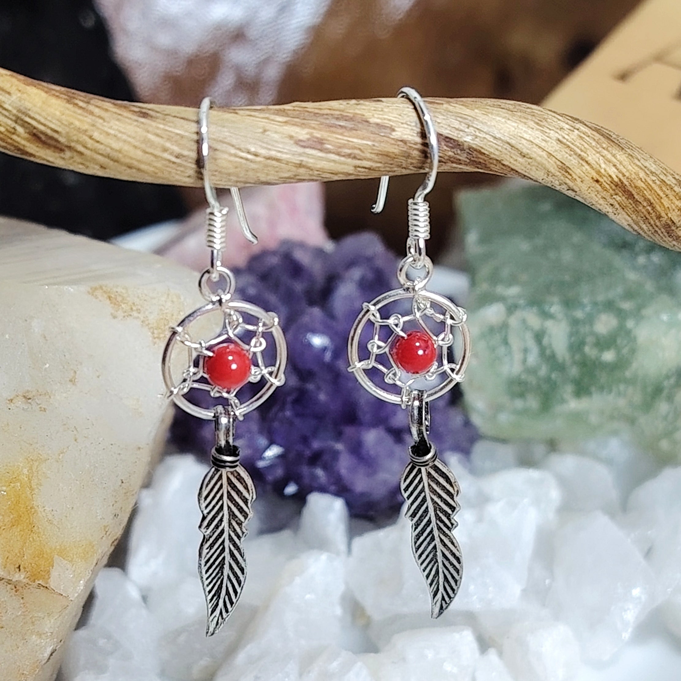 Aros largos de plata atrapasueños con piedra natural