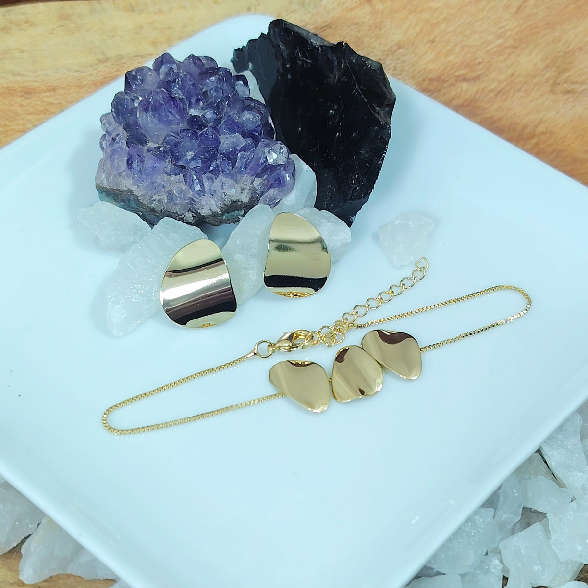 Conjunto Aros - pulsera enchapado en oro