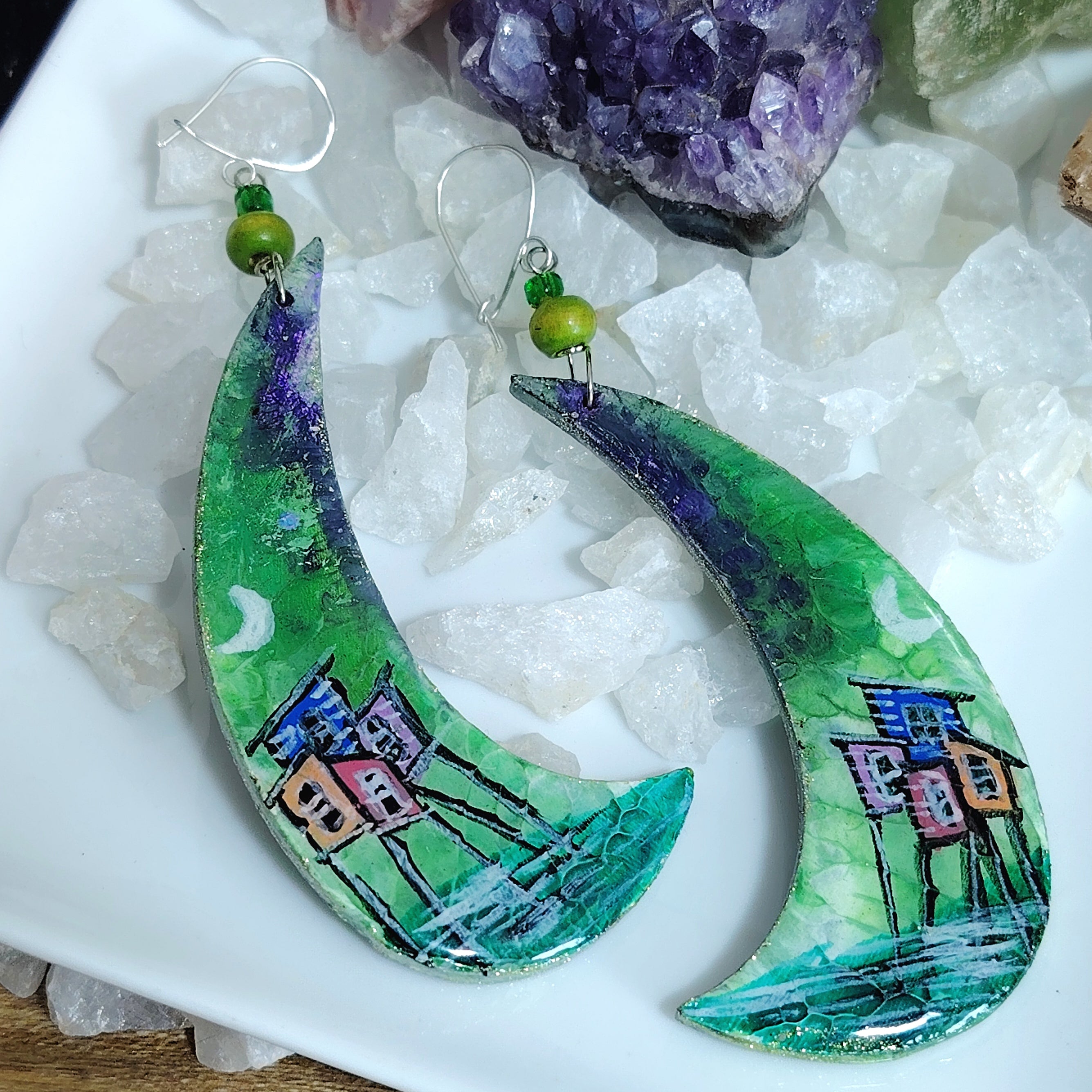 Aros artesanales con gancho de plata pintados a mano esencia chilota