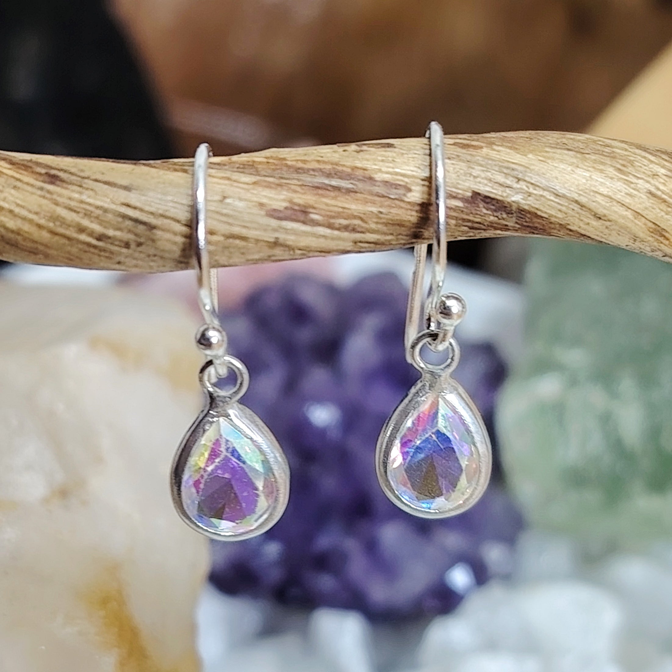 Aros semi largos de plata lagrima crista tornasol